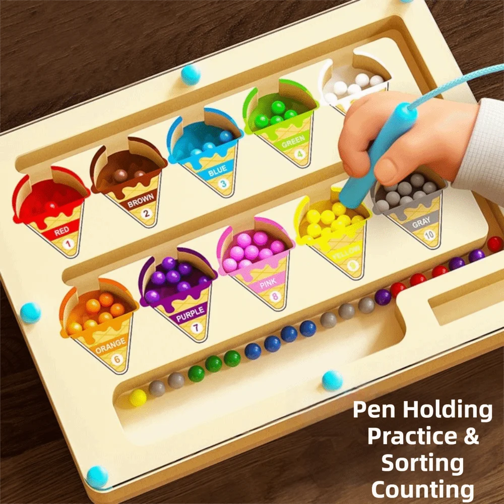 Wooden Board Magnetic Maze Magnetic Beads Counting Puzzle Number Maze Fine Motor Skills Color Sorting Montessori Wooden Puzzle