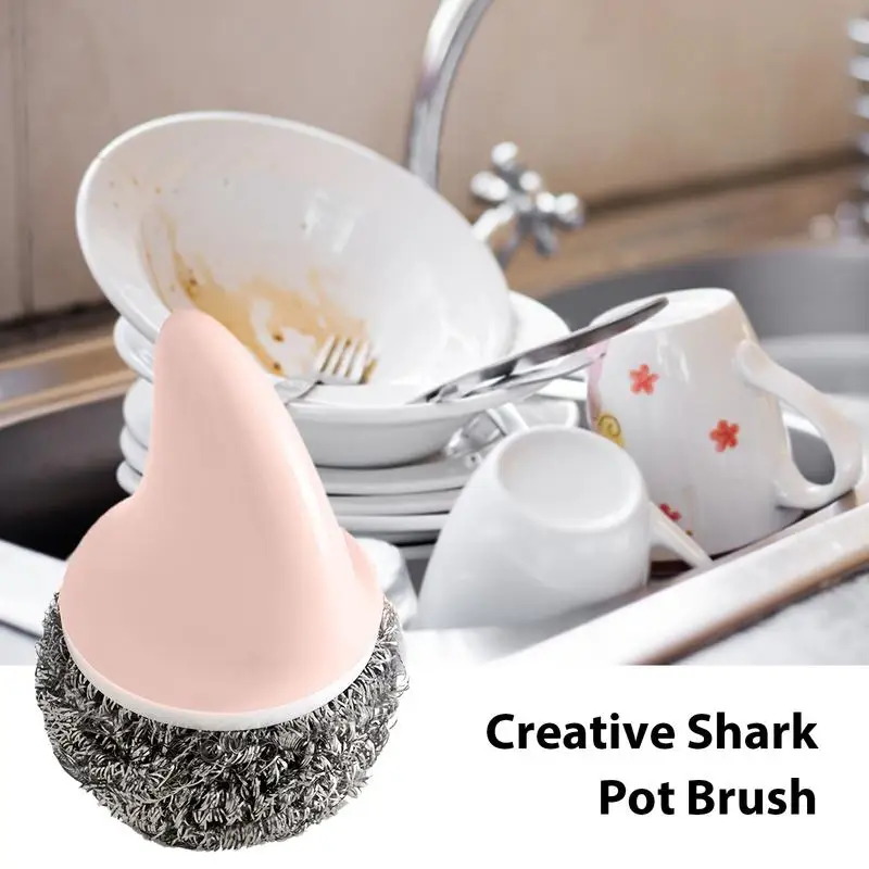 Stainless Steel Scrubber With Ergonomic Grip Handle Shark Shape Scrubbing Brush For dishes Countertop Kitchen Cleaning Tools