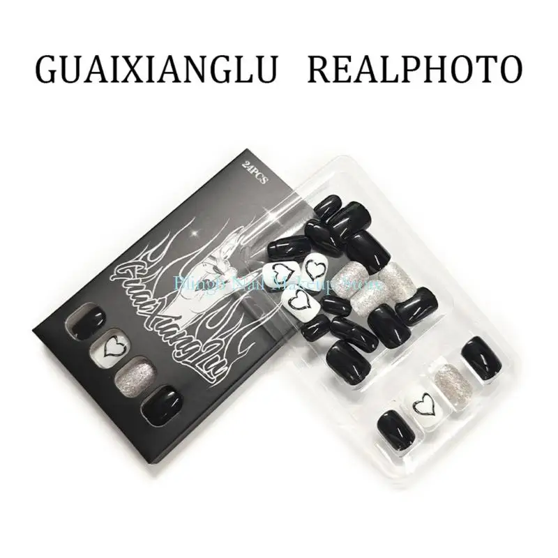 28TA srebrne brokaty sztuczne paznokcie 24 szt. Walentynki czarne serce projekt krótkie kwadratowe sztuczne paznokcie dla wesele