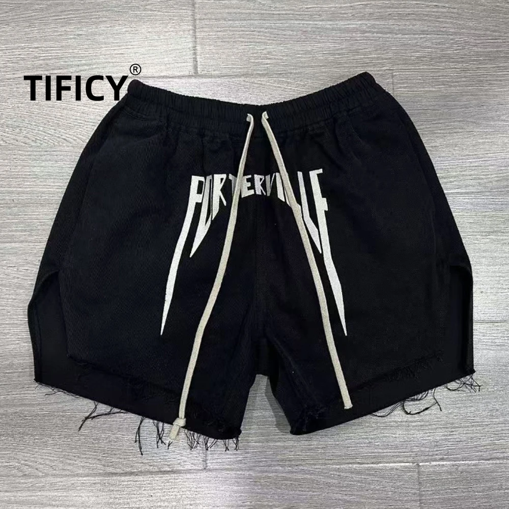 

High Street Dark RO and Heavy Embroidered Slogan Shorts Men's Forked Edge and Five Point Drawstring Streetwear Shorts