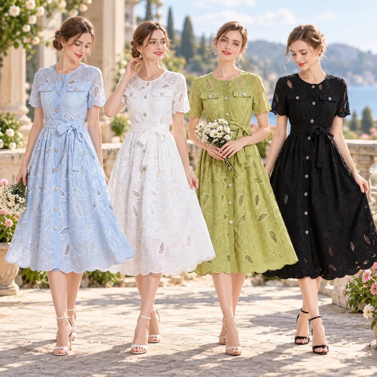 Round Neck Hollow Out Dress with Embroidery High Waist Vintage Boho a Line Regular Sleeve Midi Length Summer Dresses for Women