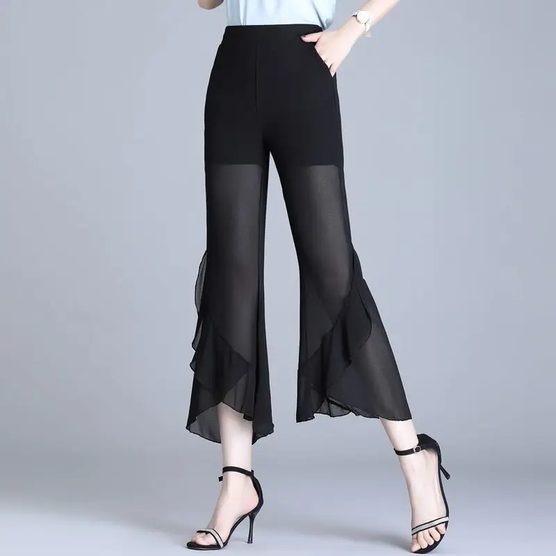 Summer Elegant Patchwork Solid Color Elastic Waist Flare Ladies Fashion Ruffles Chiffon High Waist Straight Women Clothes Korean