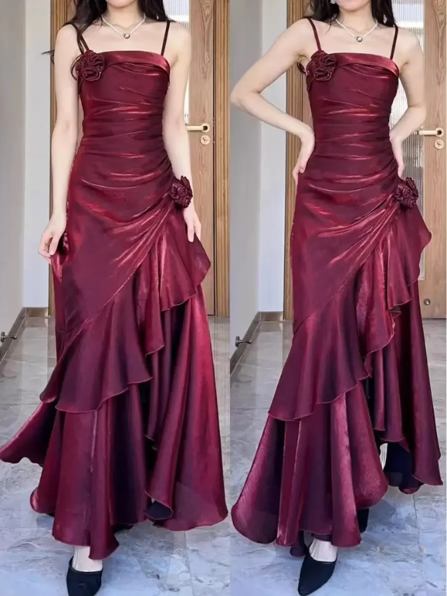 Custom Sexy Wine Red Spaghetti Strap Satin Prom Gowns Tiered 3D Flowers Sleeveless Party Dress Women vestidos de festa