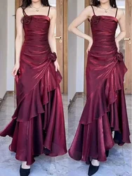 Custom Sexy Wine Red Spaghetti Strap Satin Prom Gowns Tiered 3D Flowers Sleeveless Party Dress Women vestidos de festa