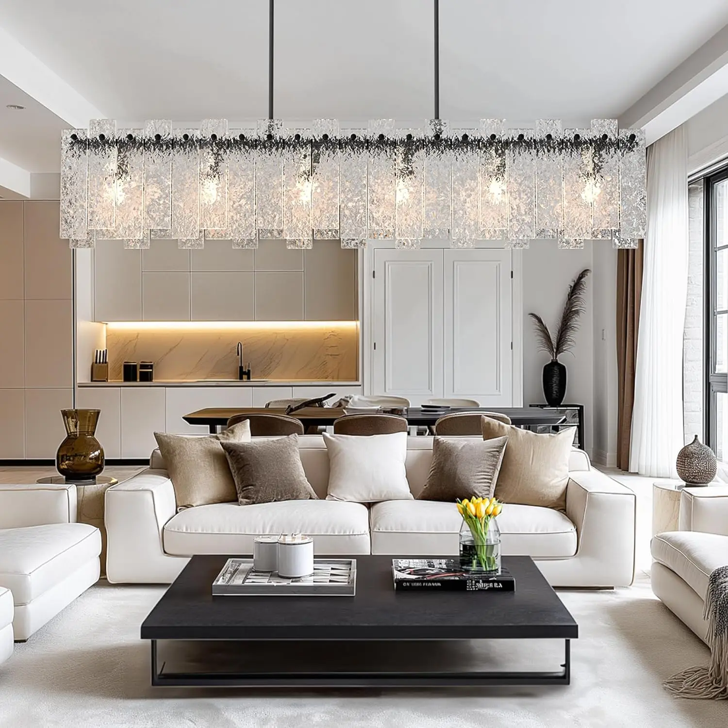 ثريا كريستالية طويلة من الزجاج لغرفة الطعام وطاولة المطبخ وأضواء السقف الخطي المستطيلة مع زجاج تموج الماء