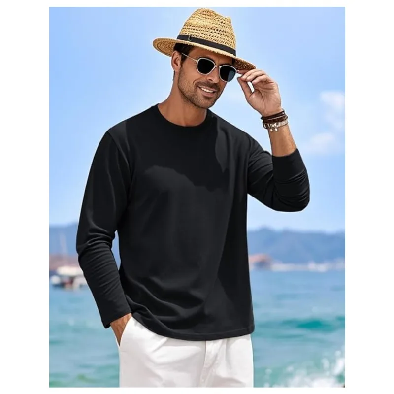 Black pure cotton long sleeved T-shirt, simple and elegant, suitable for both business and leisure