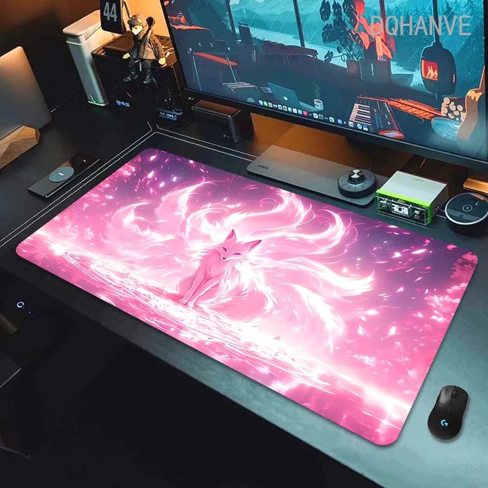 Animal Pink Nine Tailed Fox Mousepad Gaming Accessories Mousepad Office Keyboard Desk Mat Non-Slip Mat Large HD Custom Deskmat