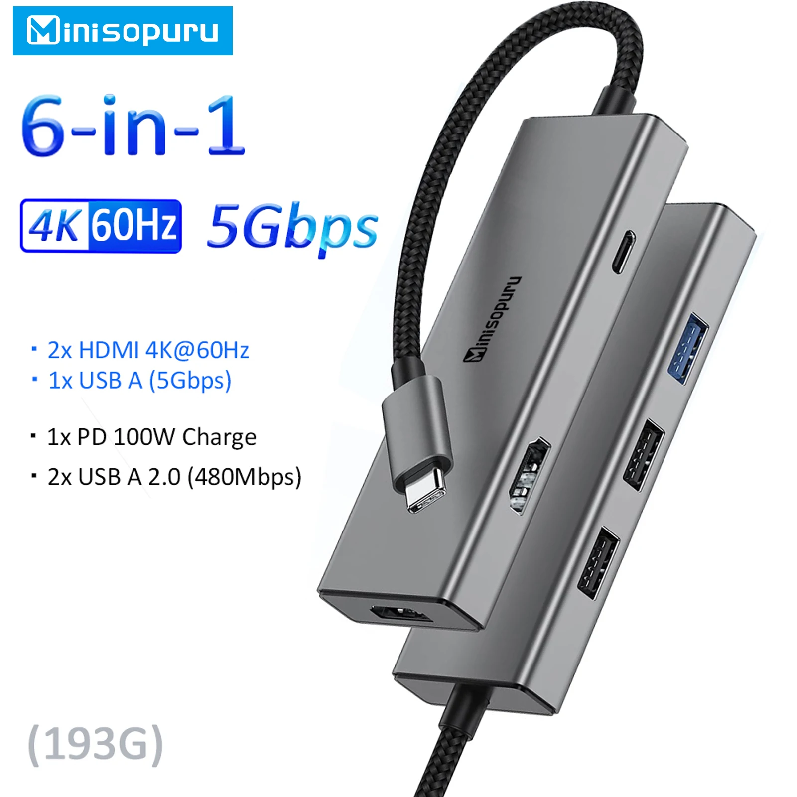 Minisopuru USB C Hub 4K USB type C to 2 HDMI Multiple USB ports PD 100W Charging Adapter for Dell XPS 13/15 Lenovo Yoga USB  HUB