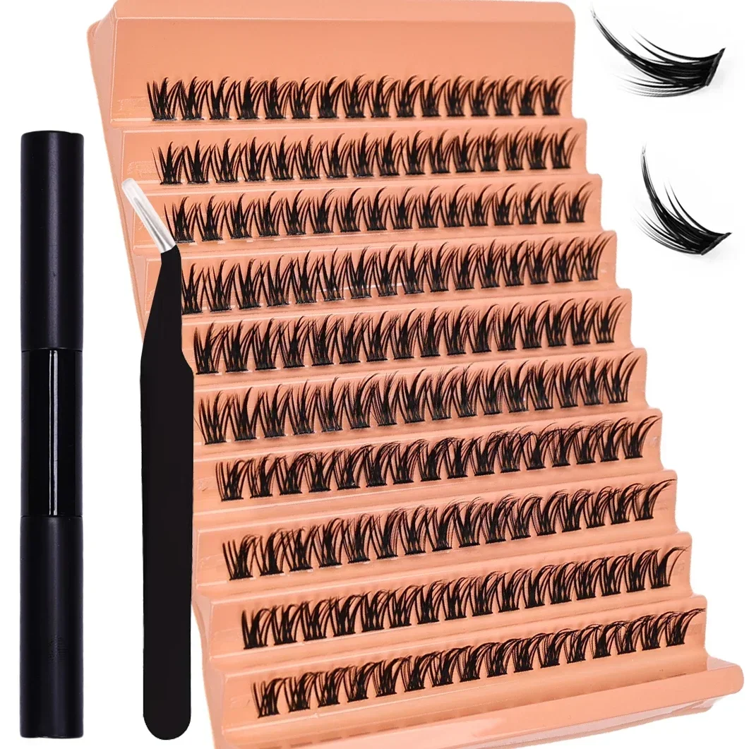 Eyelashes Extension Kit: 160pcs Clusters for DIY Lash Extensions; With Eyelash Adhesive and Sealant Eyelash Tweezers