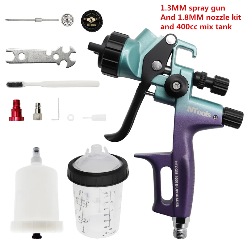 Spuitpistool Nozzle 1.3 And1.8mm Met 400CC Mix Tank En Adpater Autolak Pistool Vernis Verfspuit HVLP 4000B Luchtspuitpistool
