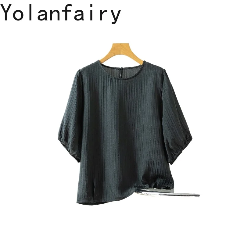 

YOLANFAIRY Real Silk Bubble Crepe Tshirts Woman Summer 2026 Round-neck 100% Mulberry Silk Tee Shirt Femme Vintage Womens Top