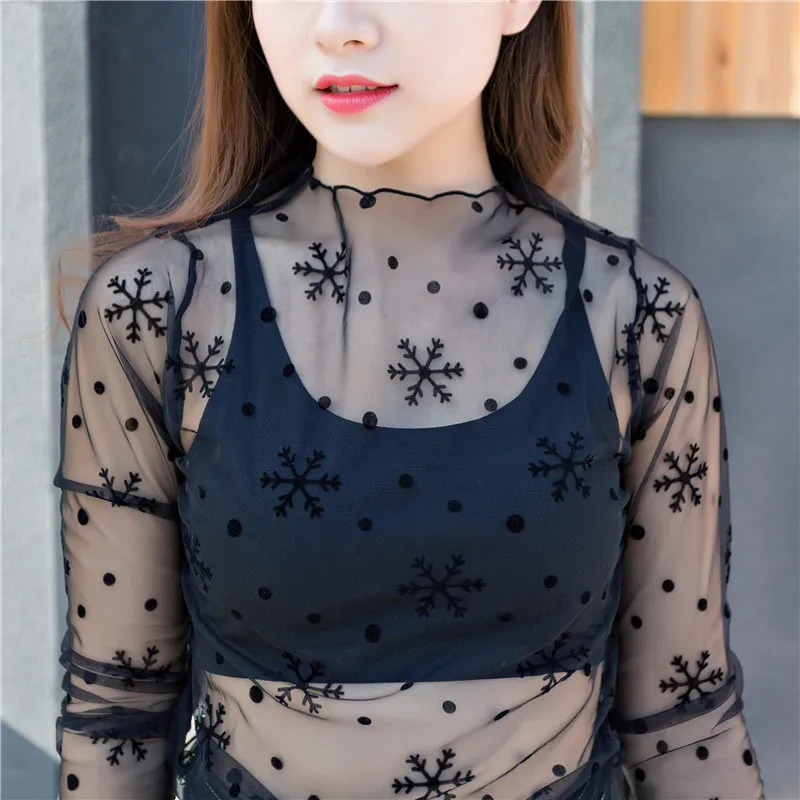 Simple Transparent Mesh Blouse Shirt Women Tops Blusas Long Sleeve Blouse Chemise Femme Casual Dot Shirt Feminine Blouse Autumn