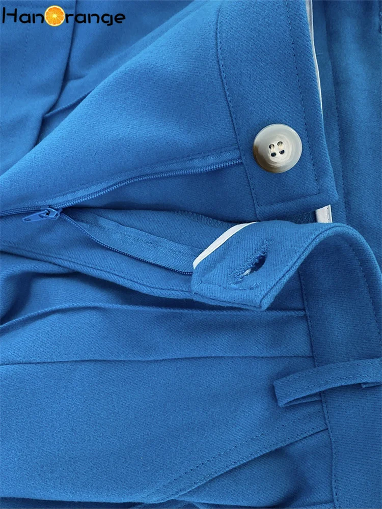 HanOrange 2025 Winter Niche Vintage Fashion Loose Straight Stitched Curly Pants Women Thickened Trousers Female Black/Sky Blue