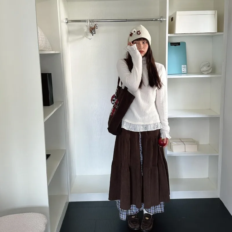 Japanische Retro Plaid Patchwork Cord Kuchen Rock Frauen Herbst Winter Adrette Vielseitig A-line Lonf Röcke Faldas