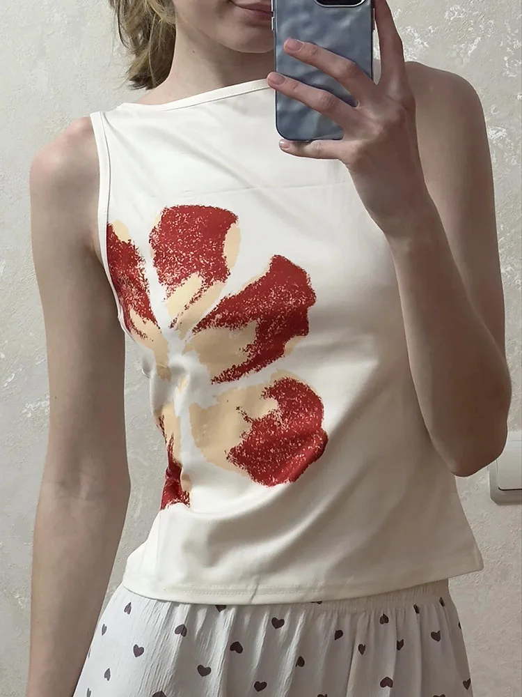 Canotta corta da donna con stampa floreale aderente con scollo a barca senza maniche Top estivo per Party Club 2025 Nuova moda