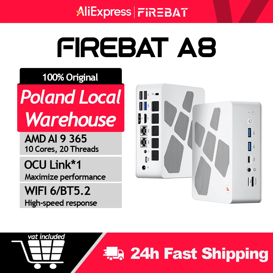 Firebat A8 Mini PC AMD Ryzen AI 9 365 USB4*2 DDR5*2 PCIe4*2 32GB 1TB Supporto OCuLink Windows11 Pro WiFi6 Computer Desktop da Gaming