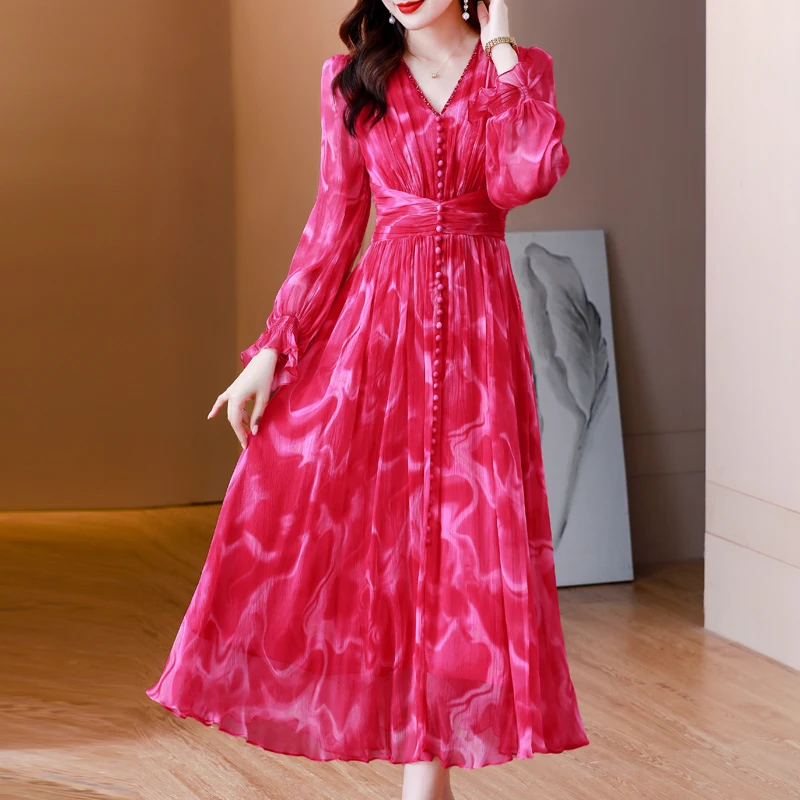 ZUO MAN RU 2023 Summer New Red Silk Long sleeved Dress V-Neck French Silk Lace Splice Printed Waist Slim Over Knee Long Dress