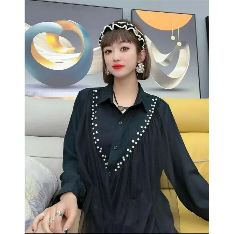 Curvy Ladies Heavy Beaded Shirts Spring New Irregular Mesh Patchwork Loose High-end Casual Versatile Blouse Tops
