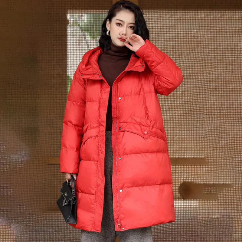 Loehsao Brand Fashion Women Jacket Outdoor Casual Warm Female Winter Long Parkas Hooded White Down Coats White Black Red Orange