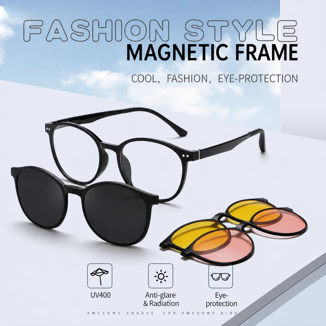 3 Lenes Magnet Clip Sunglasses Round TR90 Frame Polarized Anti Glare Sun Glasses Women Luxury Transparent Eyepiece Set Wholesale