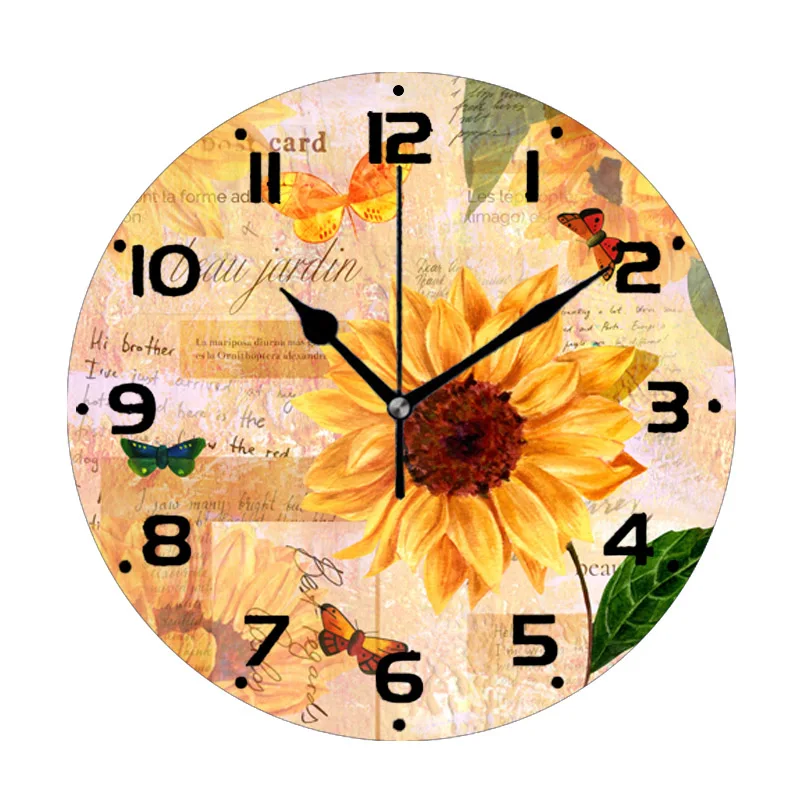 Chic Watercolor Yellow Sunflower Floral Decorative Wall Clock Vintage Sunflower Flower Large Wall Clock Watch Kitchen Home Decor