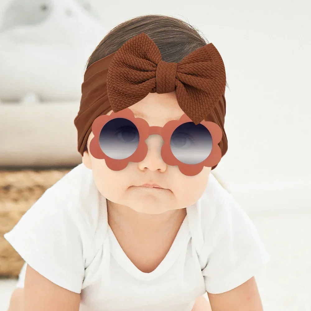 2 Pcs/Set New Children Solid Color Cotton Bowknot Wide Hairband Round Sunglasses Set Baby Girls Sunglasses Kids Hair Accessories