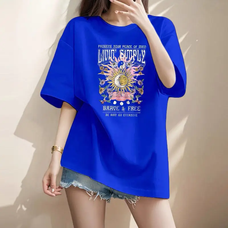 Women Clothing Fashion Hand-Painted Print Y2k T-shirt Summer Pure Cotton O-neck Short Sleeve Basic Top Tee Casual Loose Pullover