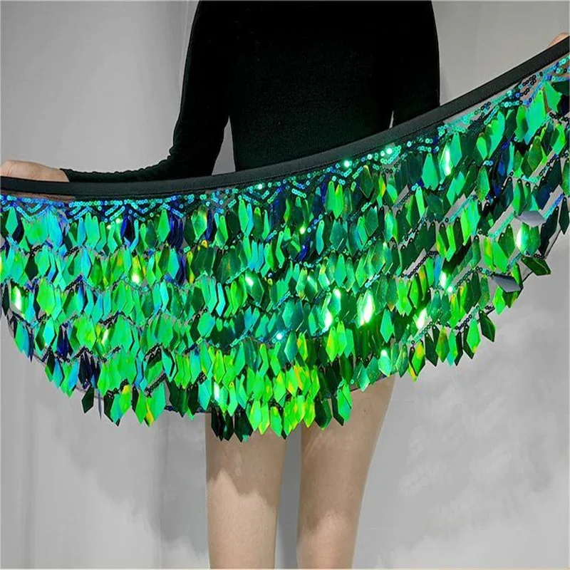 Womens Shiny Sequin Buikdans Hippe Sjaal India Kwastje Carnaval Rave Stage Performance Taille Chain Party Wrap Rok Riem Kostuum