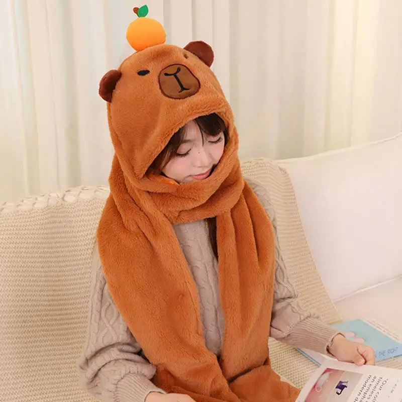 Capybara Lenço com capuz de pelúcia e luvas para mulheres e meninas, gorro 3 em 1, chapéu quente, presente perfeito para o inverno, fofo