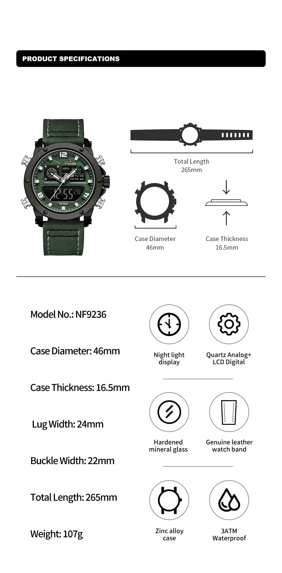 NAVIFORCE NF9236 Digital Mens Military Waterproof Watch Dual Display Quartz Sports  Luminous High Quality Wristwatch