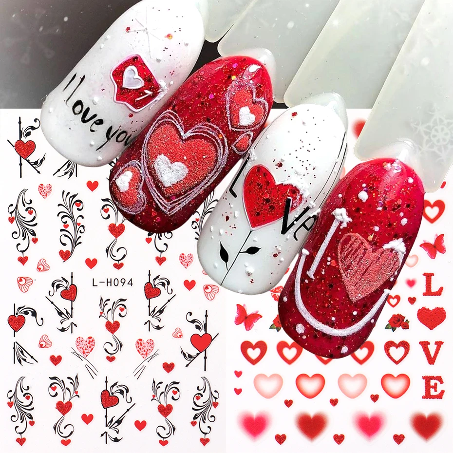 2 Stück Rote Herz-Blumen-Blatt-Ranken Nagelaufkleber Liebe Romantisch Valentinstag Selbstklebende Abziehbilder Nagelkunst-Dekorationen Nagelzubehör