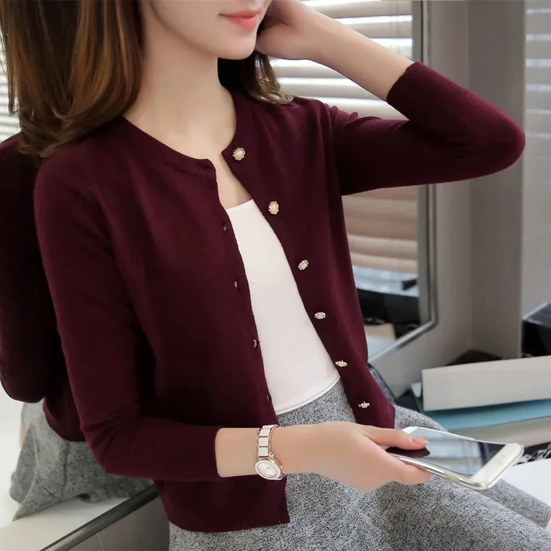 2025 Knitted for Women Cardigan Korean Single Breasted Long Sleeve Jumper Woman Round Neck All Match Cardigans Outwear
