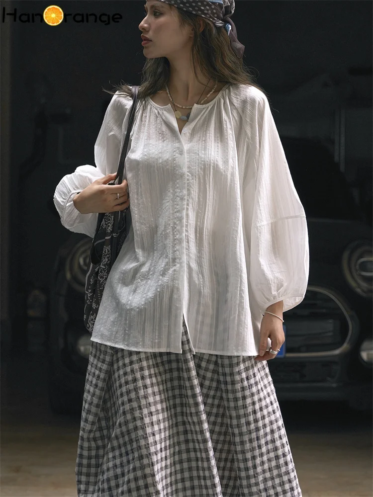 HanOrange Vertical Pattern Cotton Shirt Women Lantern Sleeve Summer 2026 Reduced Age O-Neck Breathable Loose Top White