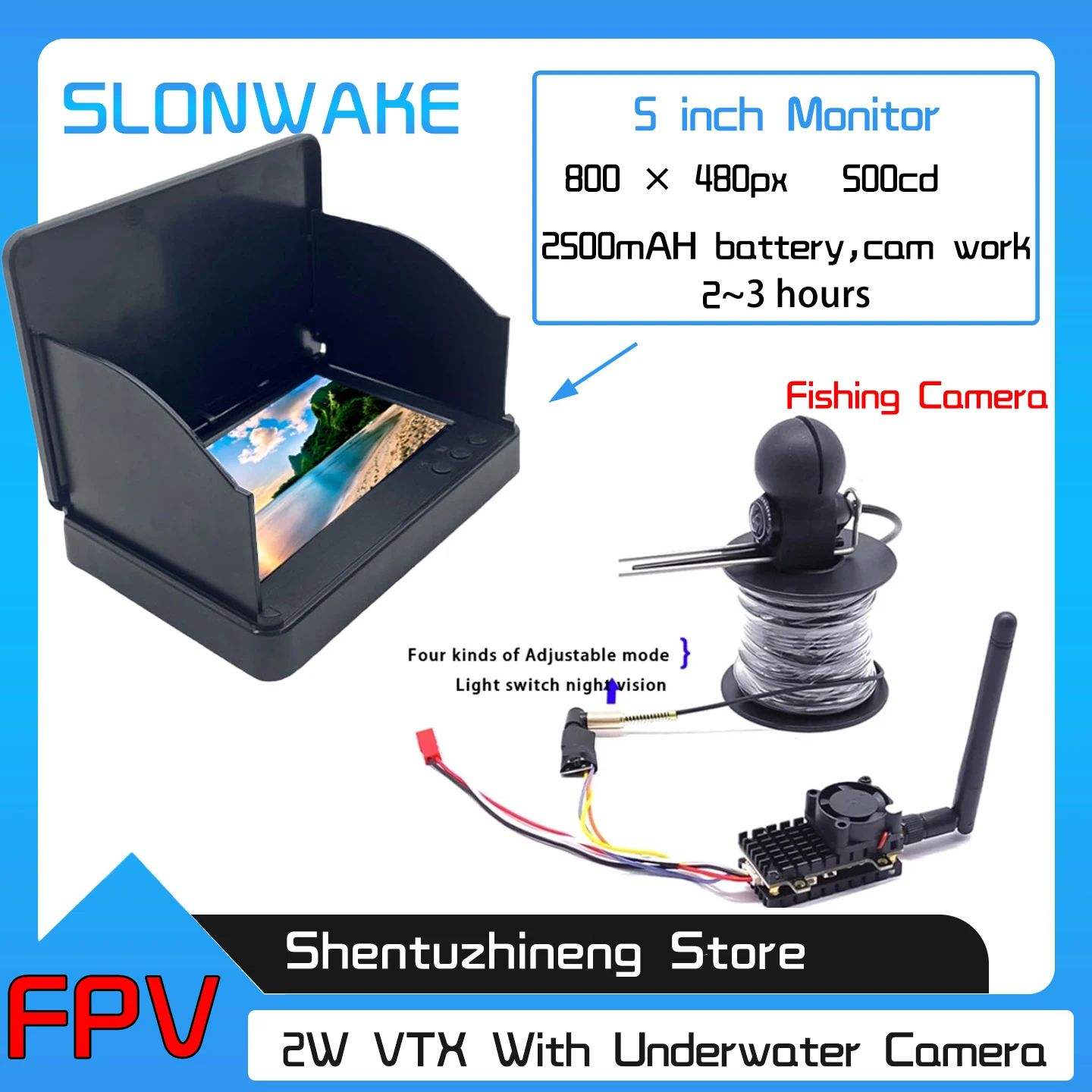Long Range Underwater 220° Fishing Camera Waterproof have Night Vision with 2000mW vtx transmitter+5 Inch Fish Finder monitor