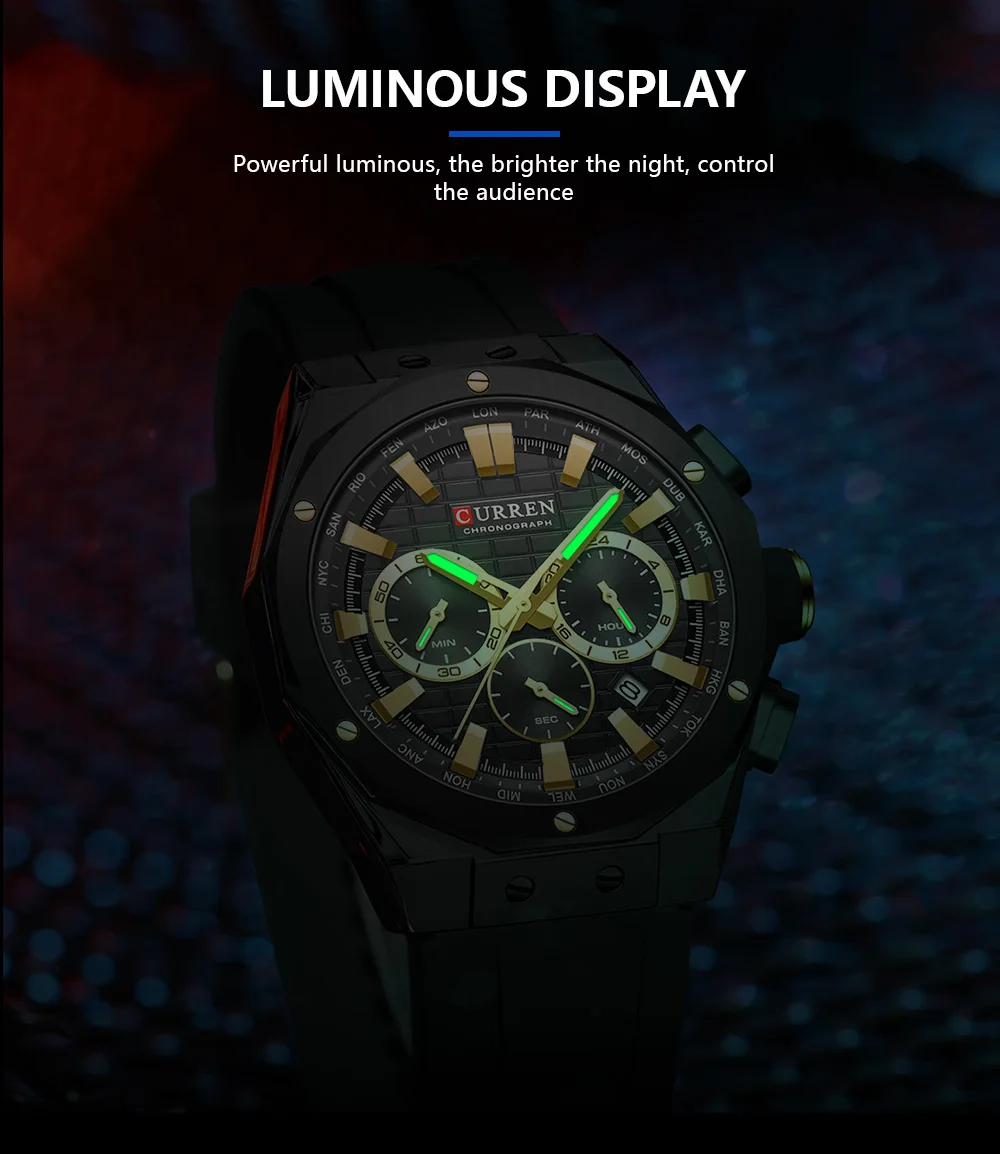 CURREN Luxusmarke Hochwertige Chronograph-Leuchtuhren für Herren mit Silikonarmband, Lässige Sportliche Wasserdichte Quarz-Armbanduhr – Detail 5