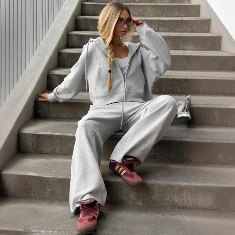 

Tornova Zipper Cardigan Sweatshirt Suit Women's Casual Sports Long Sleeve Sweatshirt Wide-legged Trousers 2 Piece Set Fashion
