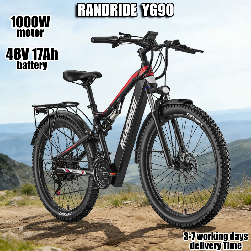 Vélo de Montagne Électrique RANDRIDE YG90 1000W 48V 17AH Batterie Amovible Tout-Suspension 27.5 Pouces 21 Vitesses pour Adultes