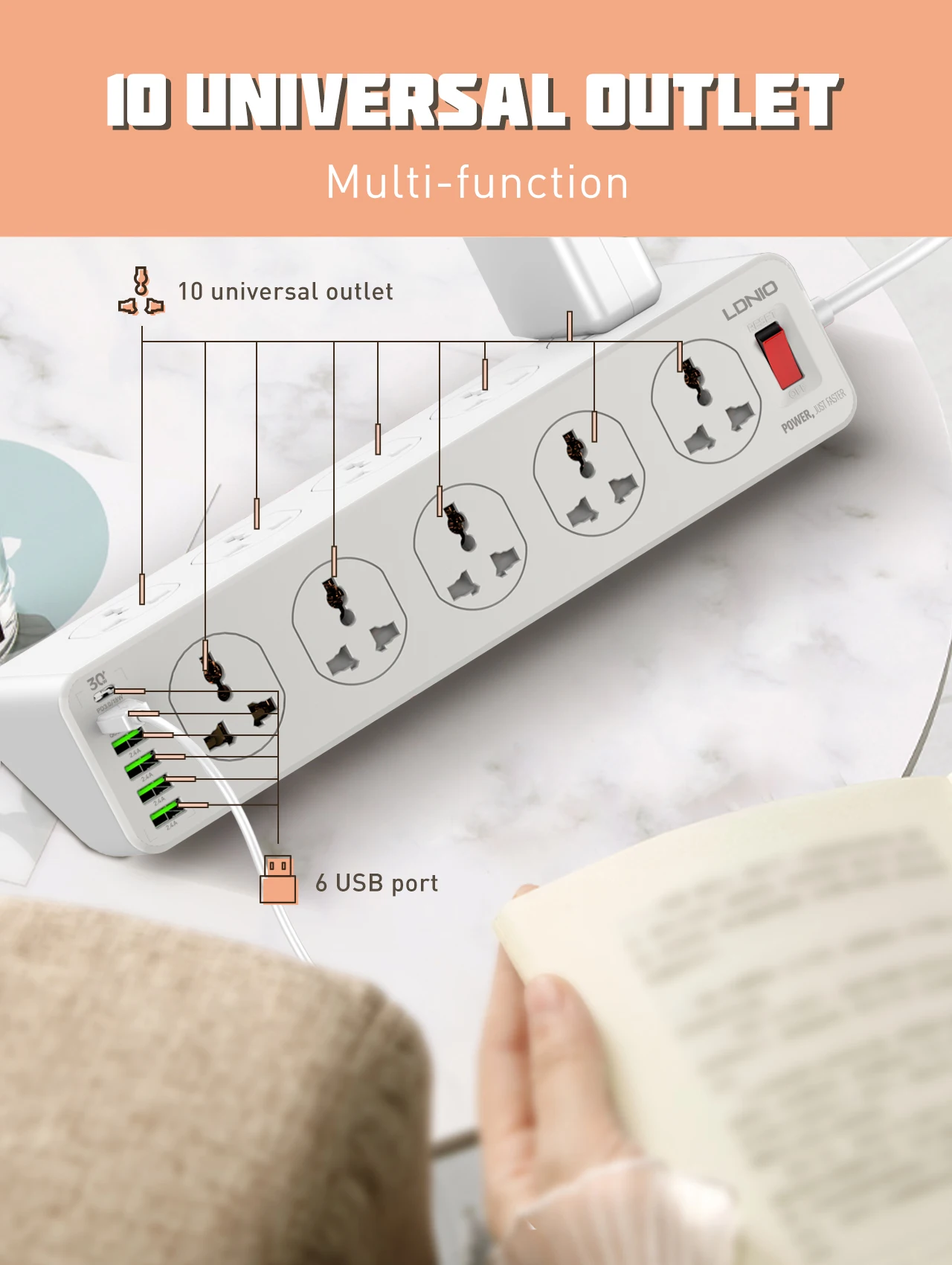 LDNIO UNIVERSAL OUTLET 2M Extension Socket Electrical Sockets Power Strip with PD QC USB A USB C Port for Home Office EU UK Plug