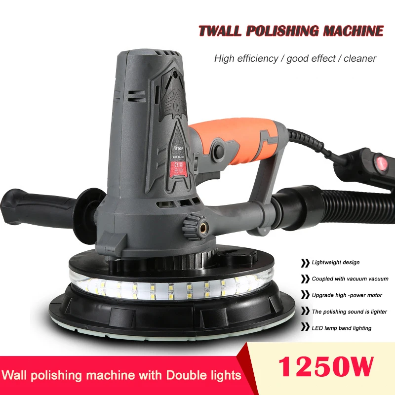 7-inch Self-vacuum Drywall Sander 1250W - Lighted Handheld Electric Polishing Machine for Wall Putty Grinding