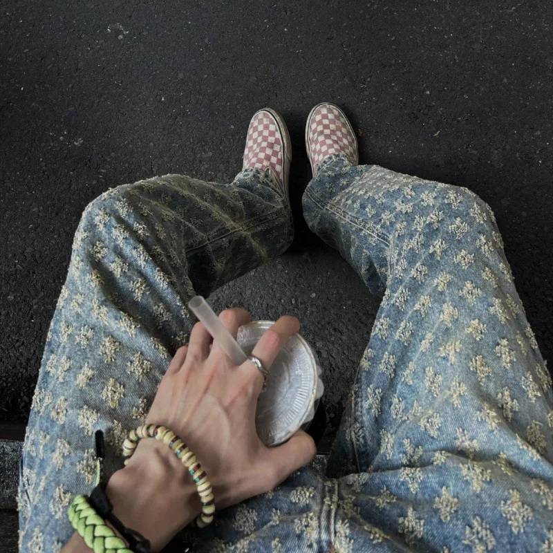 

High Street Jeans Mens 2025 New Straight Lift Pattern Loose Wide Leg Jeans Casual Boyfriend Jeans Pants Tide