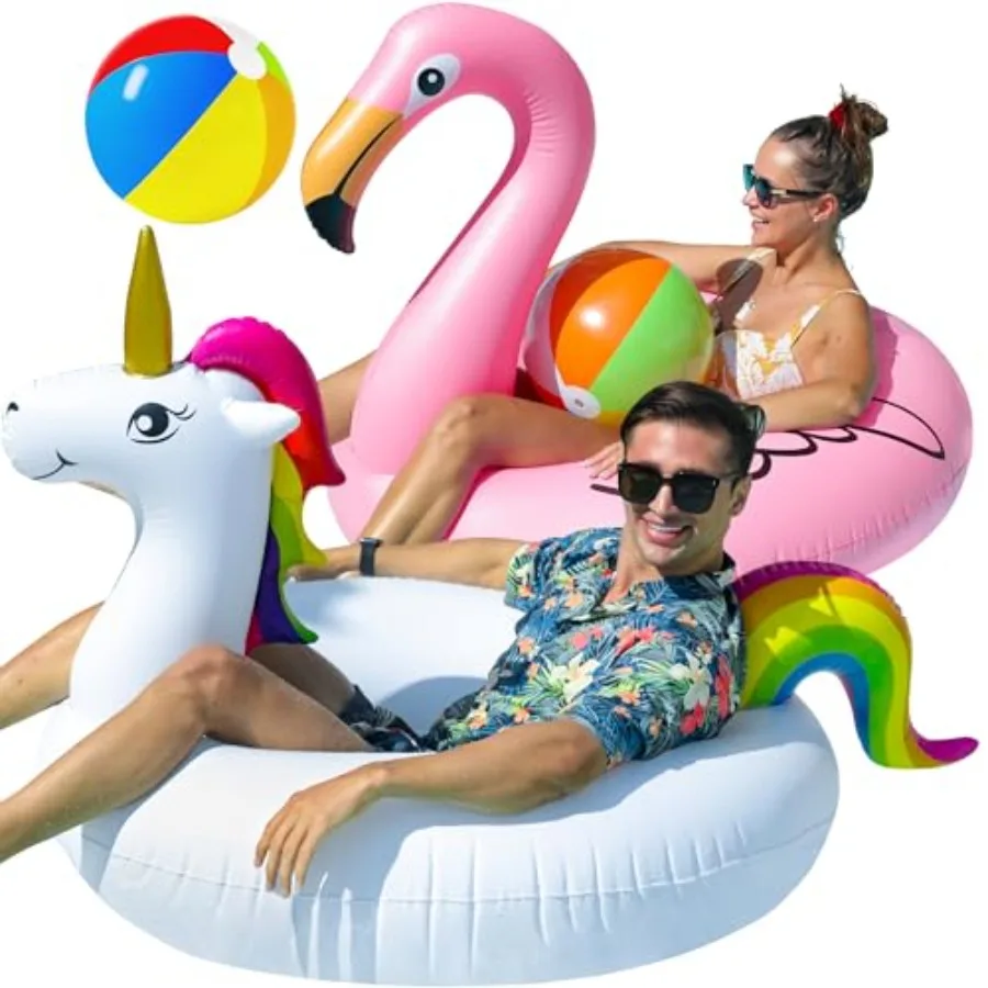 43'' Inflatable Unicorn Flamingo Pool Floats, 2 Pack Pool Tube Floaties Swim Rings with 2 Beach Balls, Inflatable Pool Raft Tub
