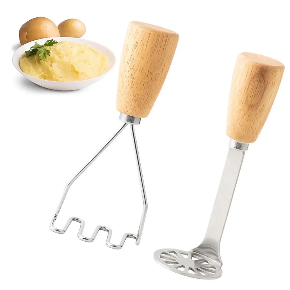 2Pcs Wooden Handle Potatoes Crusher Set Non-Stick Rust-proof Baby Food Masher Comfortable Grip Convenient Potatoes Mud Pusher