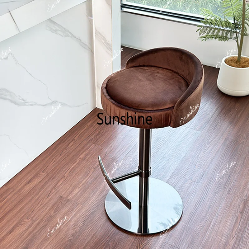 Adjustable Height Modern Designer Brown Flannel Swivel Bar Stool with Stainless Steel Metal Frame for Kitchen Counter