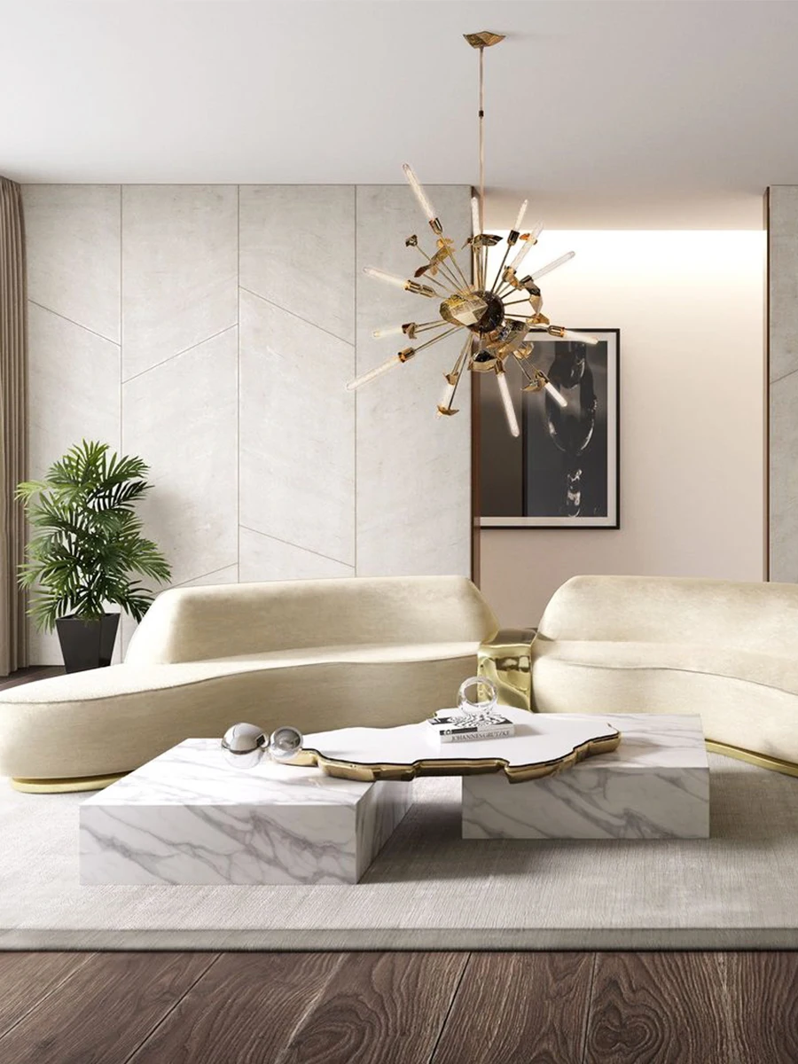Italian light luxury marble coffee table villa mansion large flat floor living room stainless steel high-end boulder tea table