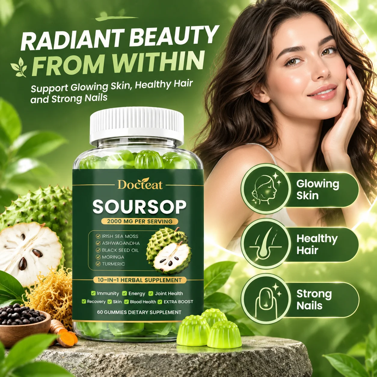 Health Wellness Gummies - Soursop Gummies, 10-in-1 Vitamin Herbal Blend,