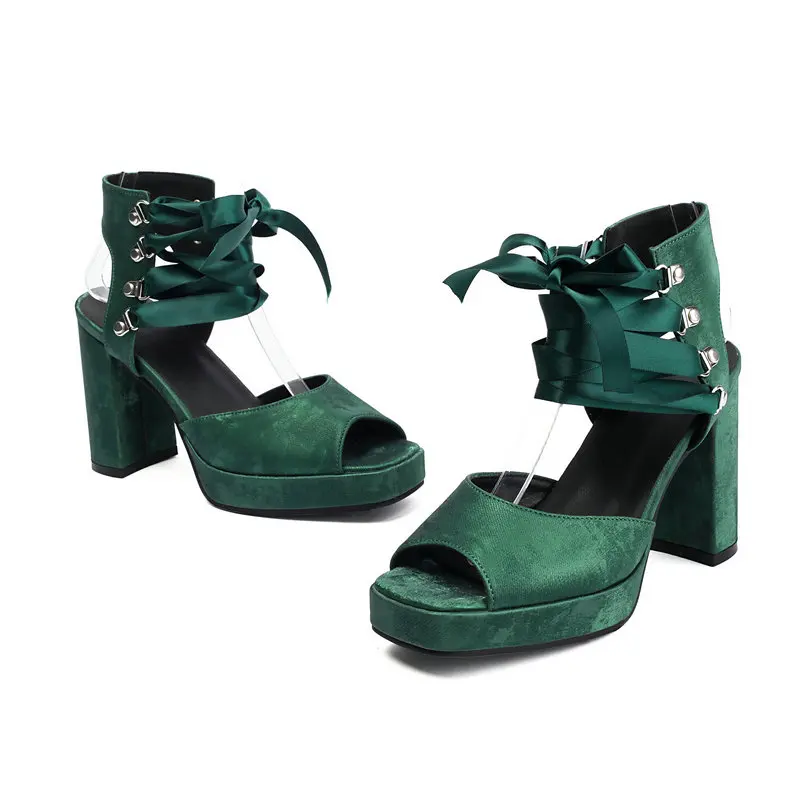 

Темно-зеленые, красные гладиаторы с открытым носком и перекрестными ремешками на щиколотке, летняя обувь для вечеринки, сексуальные сандалии на высоком каблуке со шнуровкой на платформе