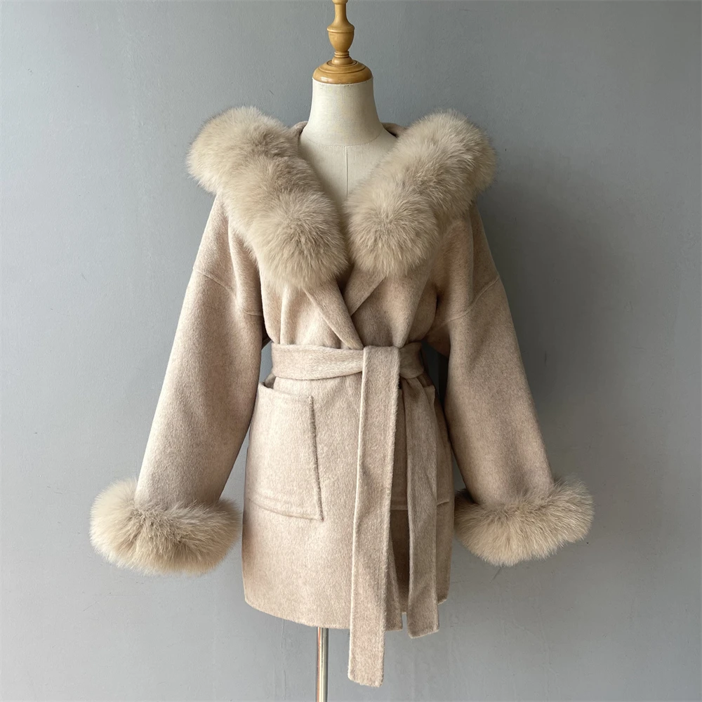 Jxwatcher Women's Wool Trench Coats with Natural Fox Fur Luxury Real Fox Fur Coat Ladies Casual Hooded Outwear 2026 New Arrival