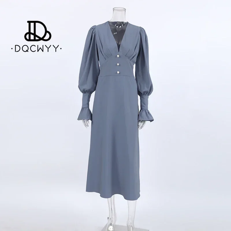 Abito da donna con scollo a V Design alla moda Autunno Semplice abito a trapezio slim fit per donna Gonna di media lunghezza in chiffon Nuovi abiti