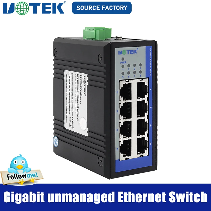 

UOTEK 1000M Industrial Ethernet Switch Gigabit 8 Port RJ45 Network Unmanaged DIN-Rail Full Half Duplex Plug and Play UT-6408GC