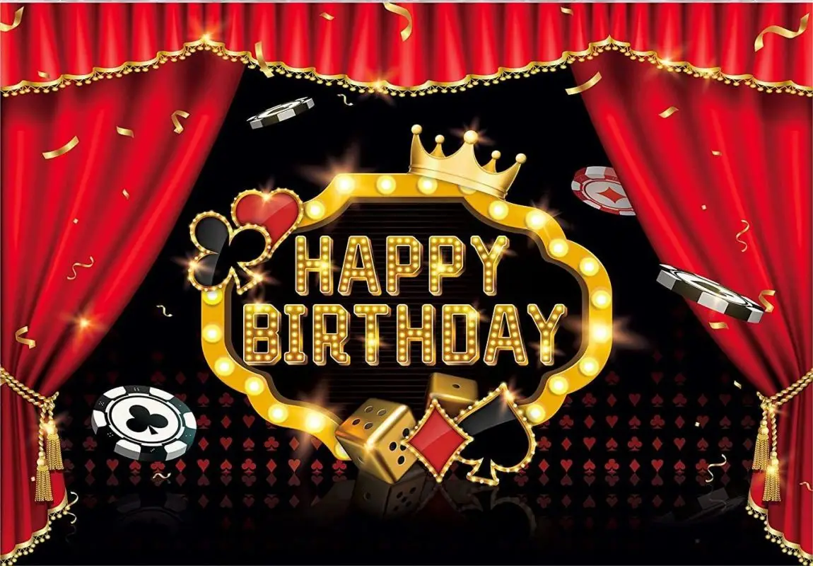 Casino Backdrop Las Vegas Theme Party Birthday Poker Cards Night Happy Black Red Golden Dice Light Cool Winner Decoration Banner